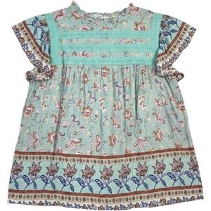 Almost‎ Pink Turquoise Floral Boho Blouse Lace Flutter Sleeve Women's Medium